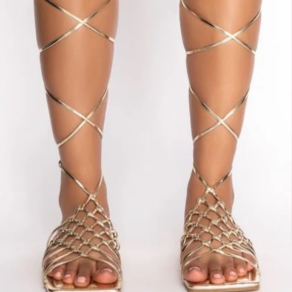 •Take Me on Vacation• Flat Gold Square Toe Laced & Wrapped Sandal - Picture 2 of 5